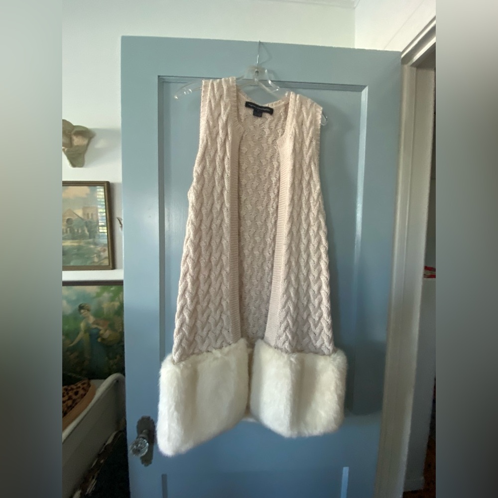 French Connection Cream Knit Vest with Faux Fur